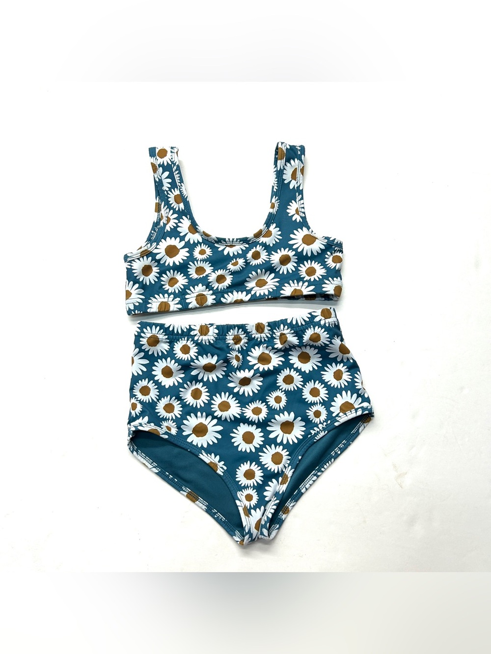 Alice and Ames Daisy Print High-Waist Bikini Set Teal & White